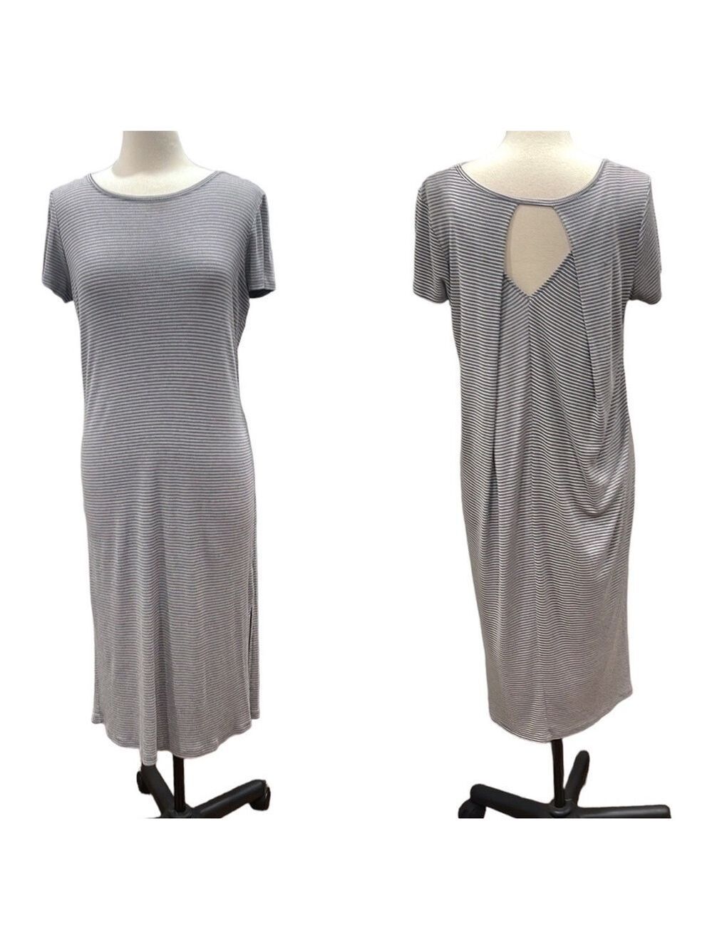 Everly Midi Ribbed Stripe T Shirt Dress Cut Out Back SZ L Grey White